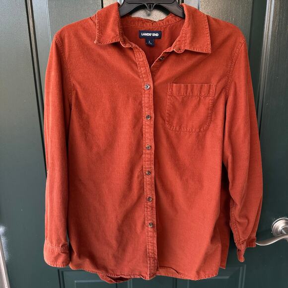 Lands’ End Women’s Corduroy Shirt L Rust Orange Fine Wale Fall Layering - Picture 2 of 8